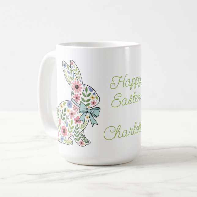 Taza De Café Pink and Blue Wildflower Easter Rabbits (Anverso izquierdo)