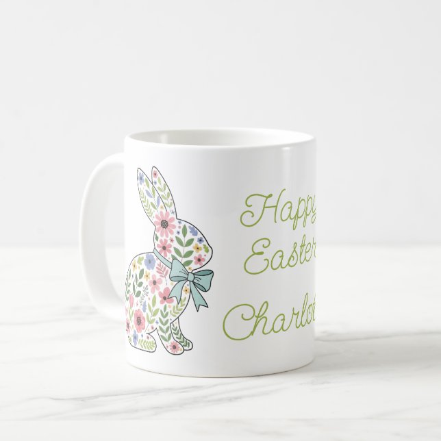 Taza De Café Pink and Blue Wildflower Easter Rabbits (Anverso izquierdo)