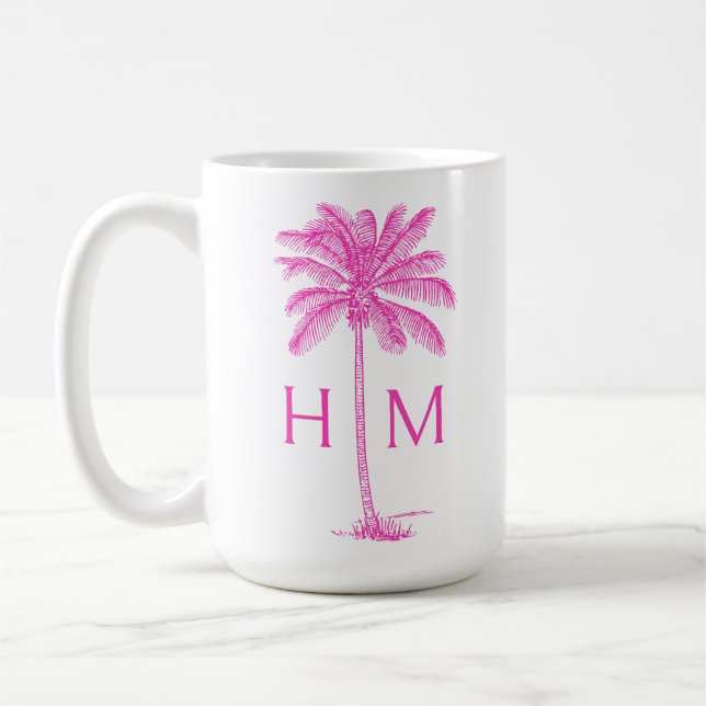 Taza De Café  Pink and White Palm Palmetto Tree Monogram (Izquierda)