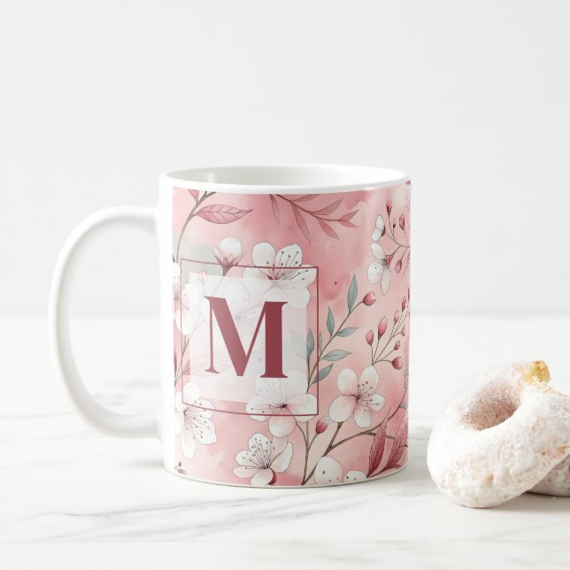 Taza De Café Pink cherry blossom monogram (Con donut)