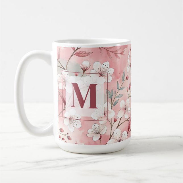 Taza De Café Pink cherry blossom monogram (Izquierda)