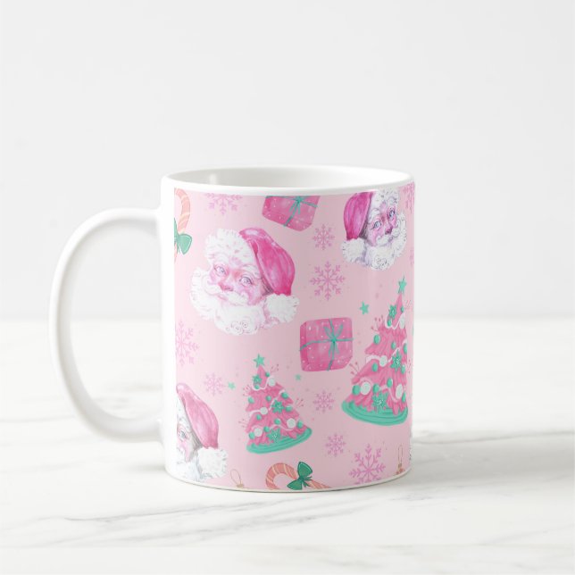 Taza De Café Pink Christmas Santa Clau & Tree Seamless Pattern (Izquierda)