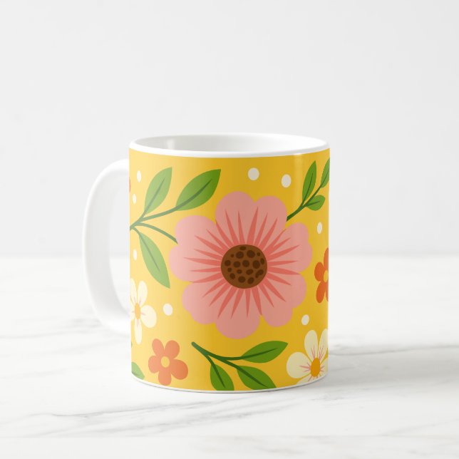 Taza De Café Pink, cream & Orange Flowers with Green Leaves (Anverso izquierdo)