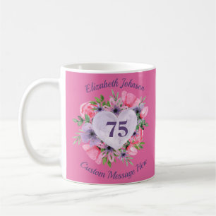 Taza De Café Pink Floral 75th Birthday Mug para las mujeres