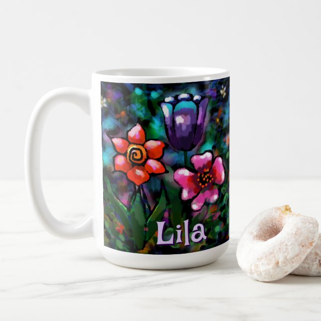 Taza De Café Pink floral floral púrpura suntuoso personalizado (Con donut)