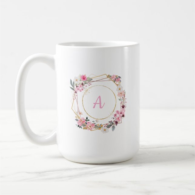 Taza De Café Pink Floral Gold Geometric Mug (Izquierda)