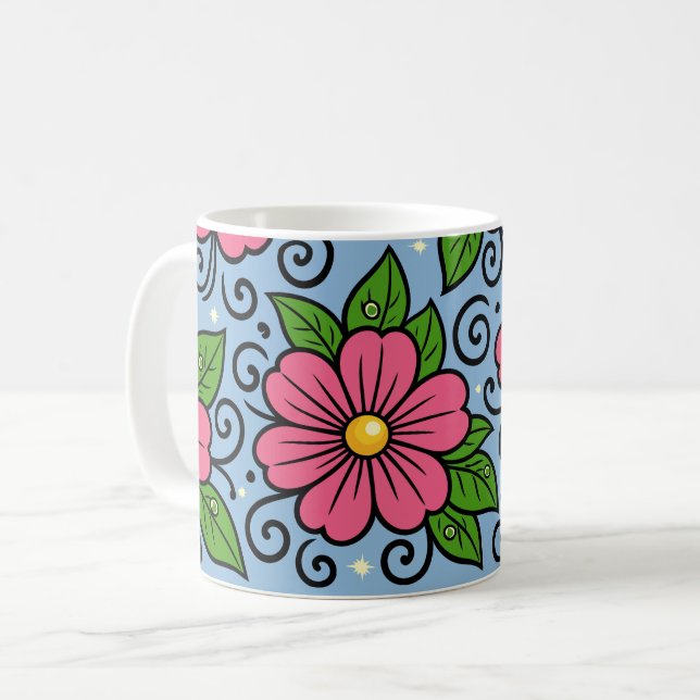 Taza De Café Pink Florals with Green Leaves and Curved Details (Anverso izquierdo)