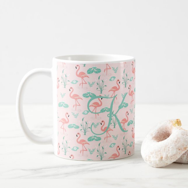 Taza De Café Pink Green Flamingo Monogram Tropical Birds (Con donut)