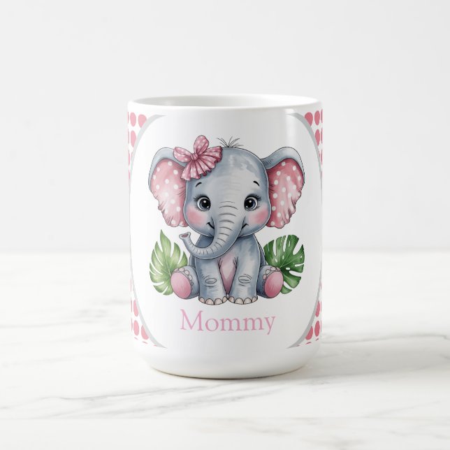 Taza De Café Pink Hair Bow Cute Elephant Baby Shower Mommy (Centro)