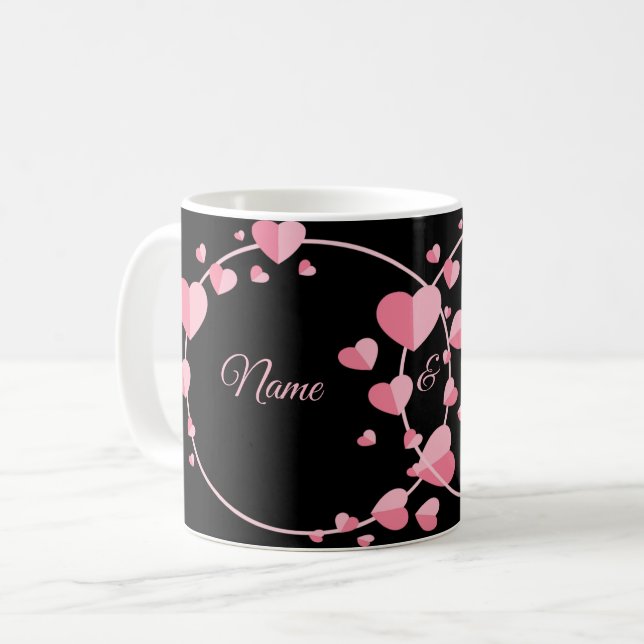 Taza De Café Pink Heart Black Geometric Wedding Party Elegant (Anverso izquierdo)