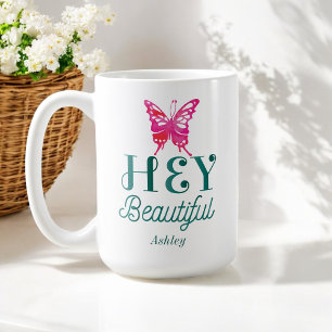 Taza De Café Pink Hey Hermosa Cita Tipografía Verde