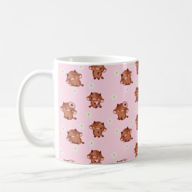 Taza De Café Pink Kawaii Highland Cows Seamless Pattern (Izquierda)