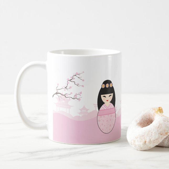 Taza De Café Pink Kokeshi Doll Design (Con donut)