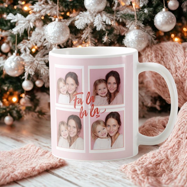Taza De Café Pink Modern Christmas Photo Collage | Fa La La (Subido por el creador)