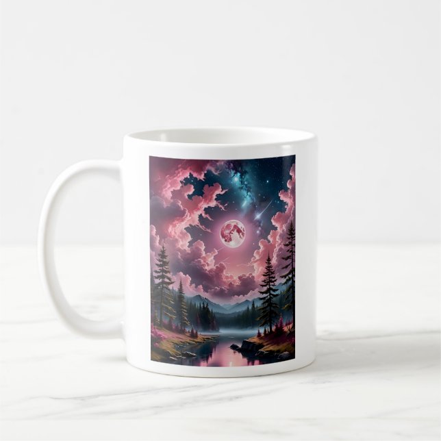Taza De Café Pink Moon Fantasy Dreamy Night Sky Landscape Tee (Izquierda)