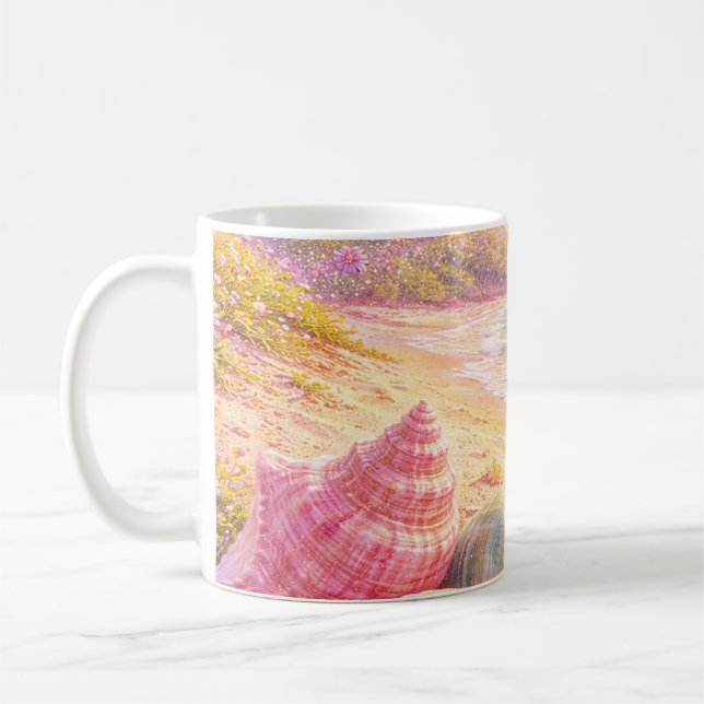 Taza De Café Pink Ocean Beach Shells Flowers Fantasy Landscape (Izquierda)