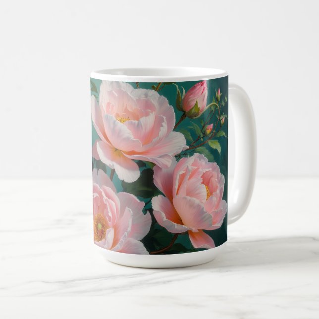 Taza De Café Pink Peonies Artwork on Emerald Green (Anverso derecho)