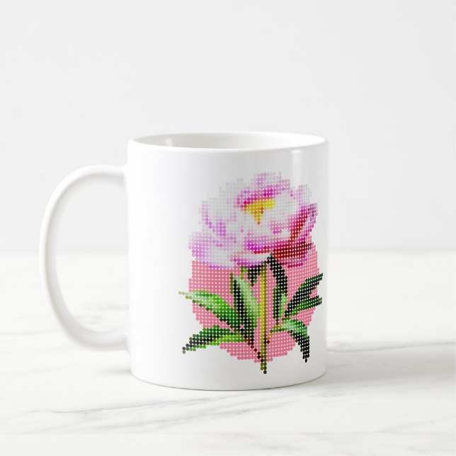 Taza De Café Pink Peony Dot Mosaic Flower (Izquierda)