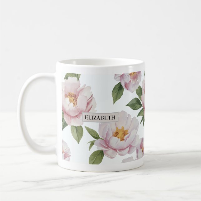 Taza De Café Pink Peony Watercolor Floral Mug (Izquierda)