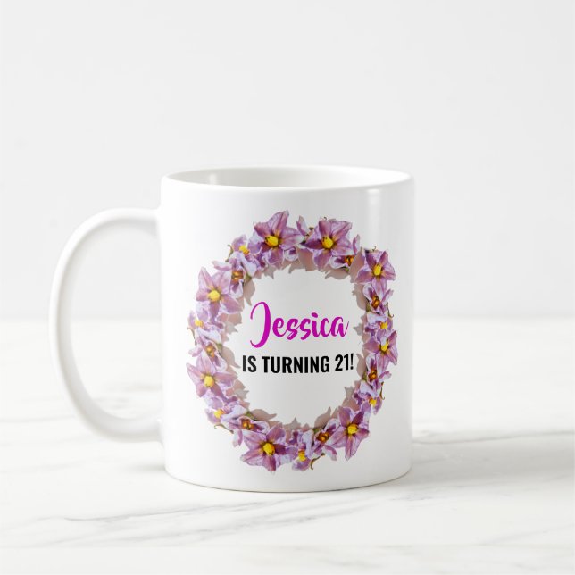 Taza De Café Pink, Purple y Blue Turning 21 cumpleaños (Izquierda)