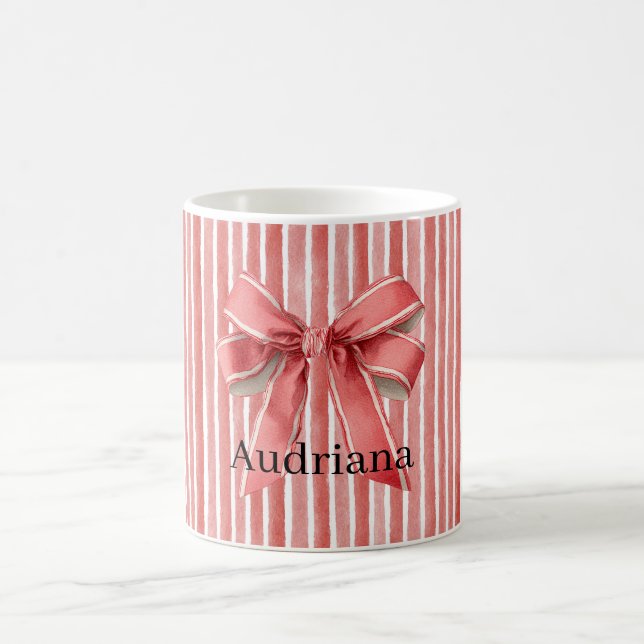 Taza De Café Pink Red Candy Cane Stripes Bow (Centro)