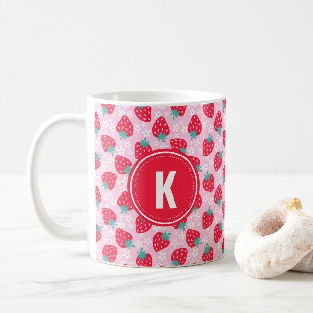 Taza De Café Pink Red Strawberries Floral  Pattern Monogram (Con donut)