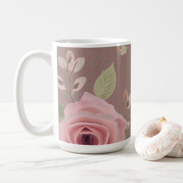 Taza De Café Pink Rose With Typography (Con donut)