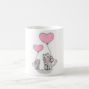 TAZA DE CAFÉ PINK VALENTINE HEART BALLOONES CON KITTENS GRIS