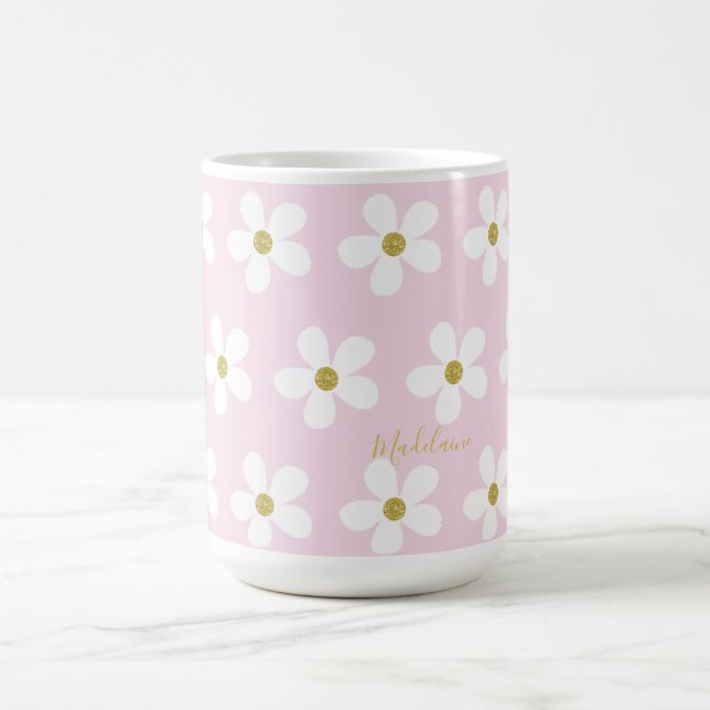 Taza De Café Pink White Simple Daisy Gold Personal (Centro)