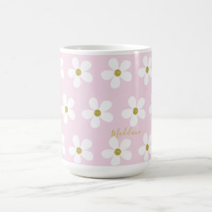 Taza De Café Pink White Simple Daisy Gold Personal