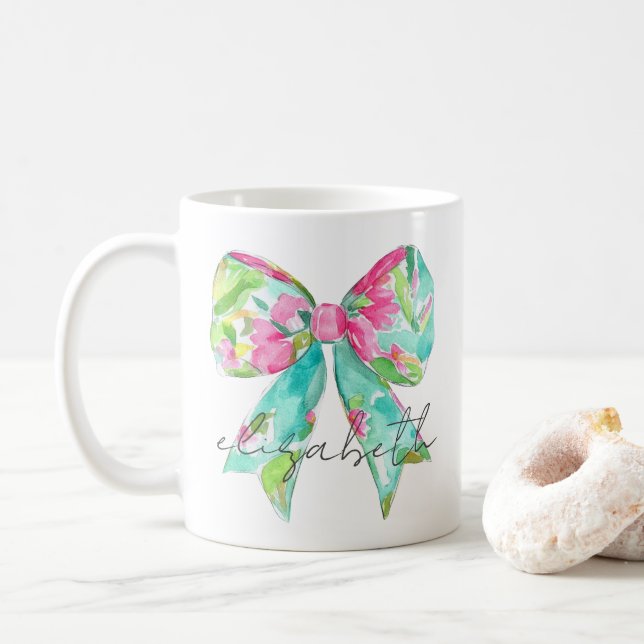 Taza De Café Pink y Green Bow Personalizados (Con donut)
