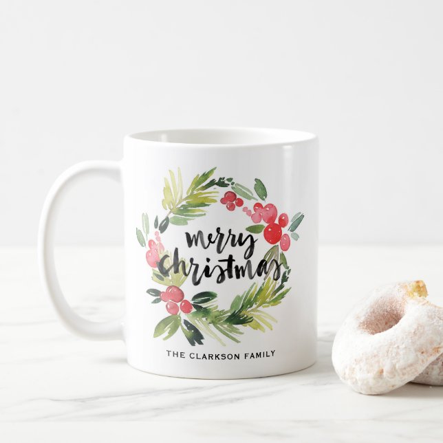 Taza De Café Pino acuarela y Navidades Holly Wreath Foto (Con donut)
