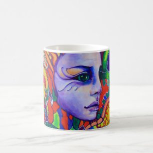 Taza De Café Pintada de la cara de la mujer colorida en