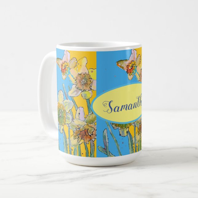 Taza De Café Pintado de Daffodil Color de agua amarillo Azul fl (Anverso izquierdo)