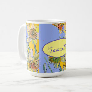 Taza De Café Pintado de Daffodil Color de agua amarillo Púrpur