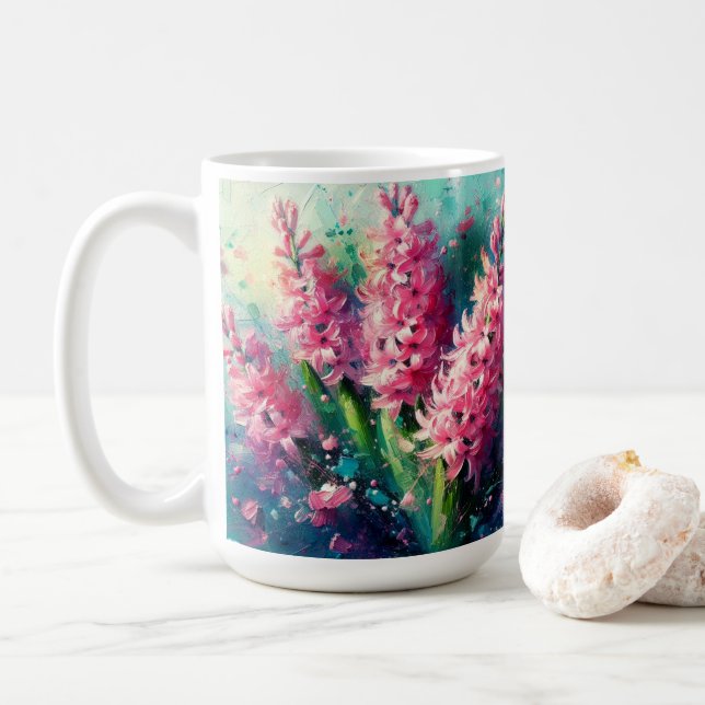 Taza De Café Pintado Impresionista Floral De Hiacintos Rosados (Con donut)