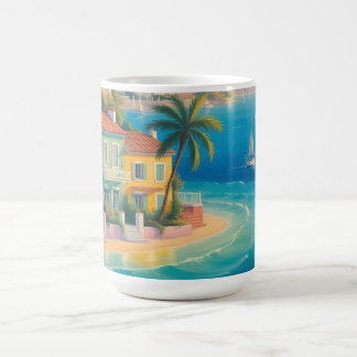 Taza De Café Pintoresco pueblo mediterráneo en una playa tropic