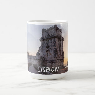 Taza De Café Pintura acuarela de la torre Belem al atardecer