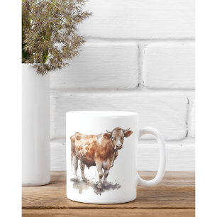 Taza De Café pintura acuarela de una vaca en un pasto