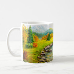 Taza De Café pintura al óleo de bello paisaje otoñal, bosque