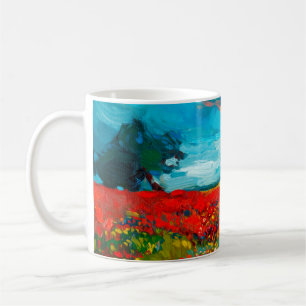 Taza De Café pintura al óleo de campos de flores sobre lienzo.