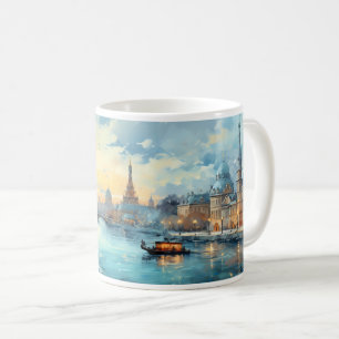 Taza De Café Pintura al óleo de ciudad y río