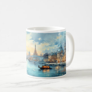 Taza De Café Pintura al óleo de ciudad y río