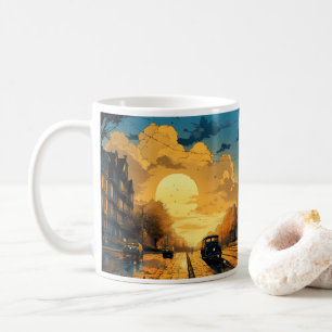 Taza De Café Pintura al óleo de la ciudad y el sol