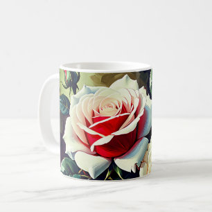 Taza De Café Pintura al óleo de rosas rosadas blancas rojas bon