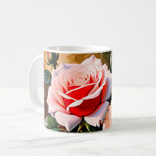 Taza De Café Pintura al óleo de rosas rosadas blancas y rojas b