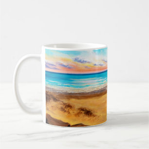 Taza De Café  pintura al óleo de una hermosa puesta de sol dora