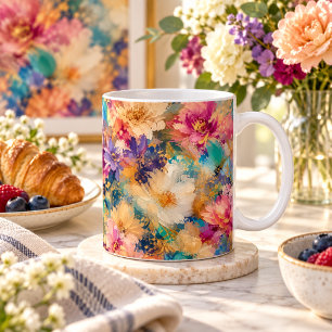 Taza De Café Pintura al óleo floral abstracta impresionista vib
