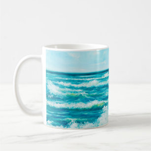 Taza De Café  pintura al óleo que muestra olas en el océano o e
