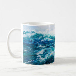 Taza De Café  pintura al óleo que muestra olas en el océano o e